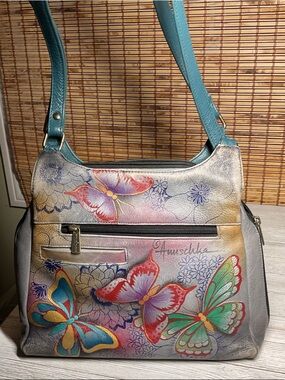 Anuschka Teal Strap Hand-Painted Metallic Butterfly Shoulder Bag